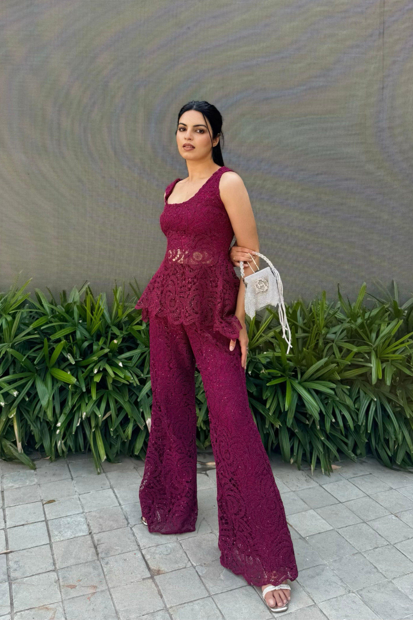 Wine lace peplum set