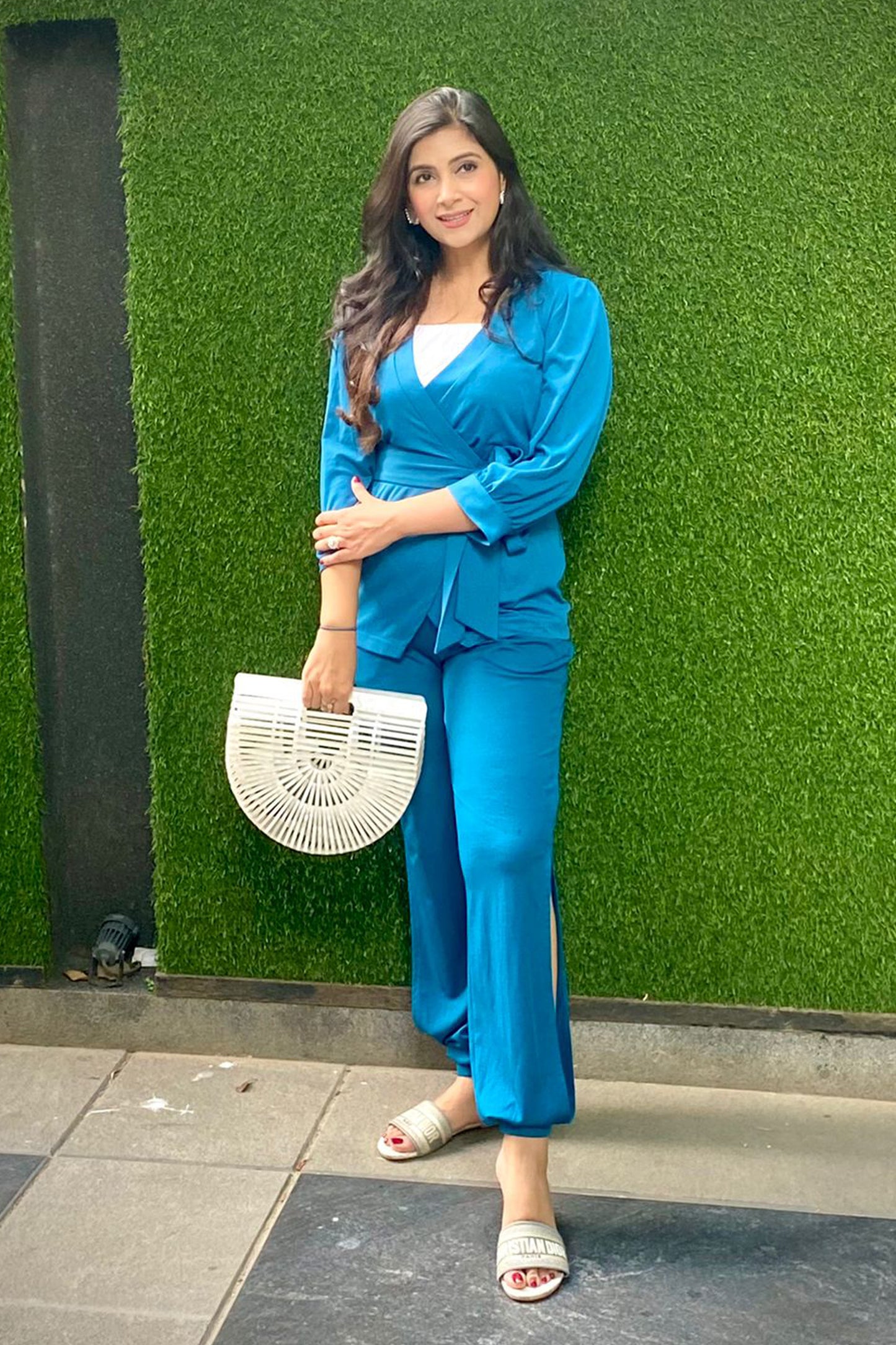 Teal Wrap Top Jogger Set with White Bustier