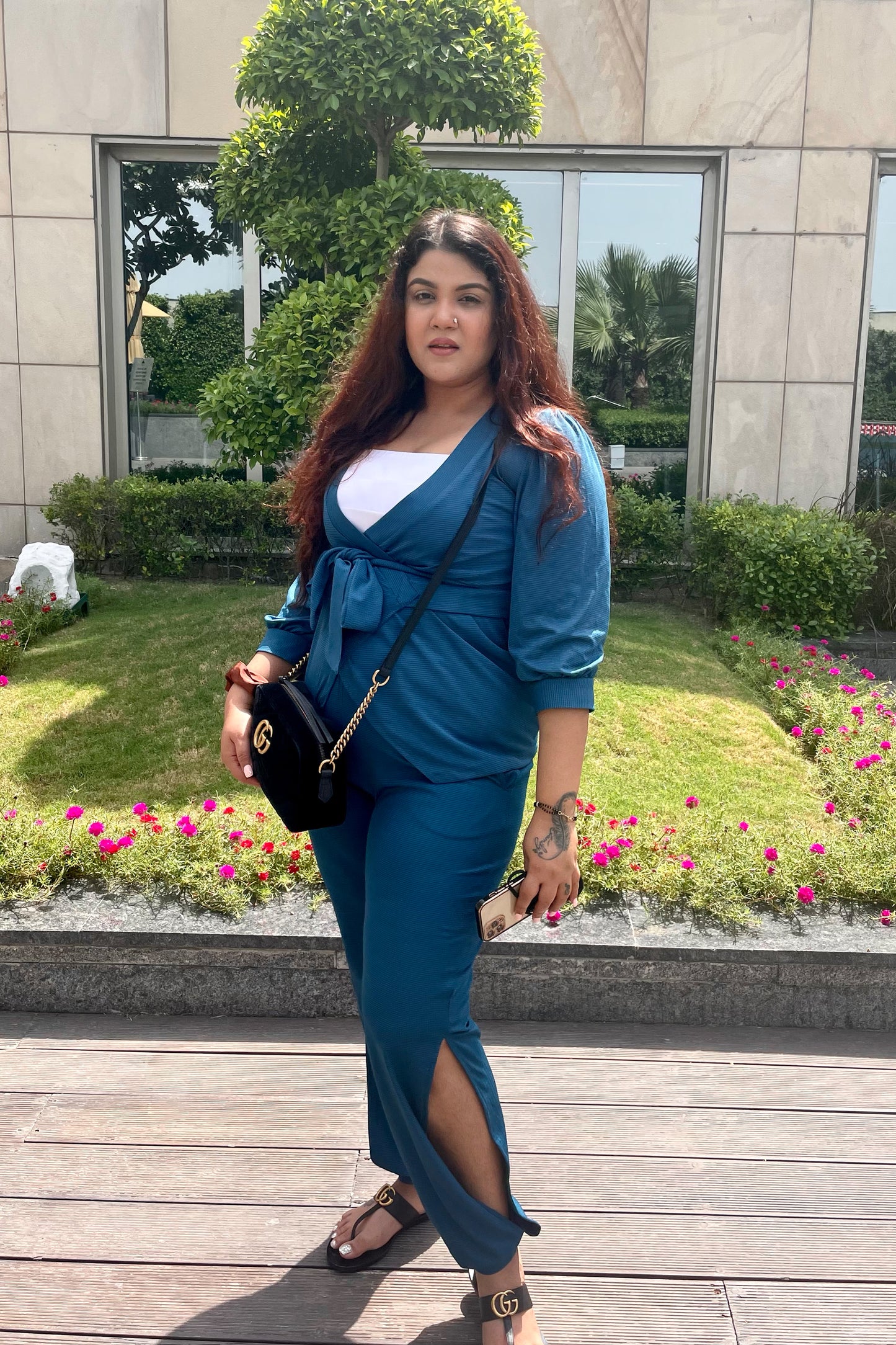 Teal Wrap Top Jogger Set with White Bustier