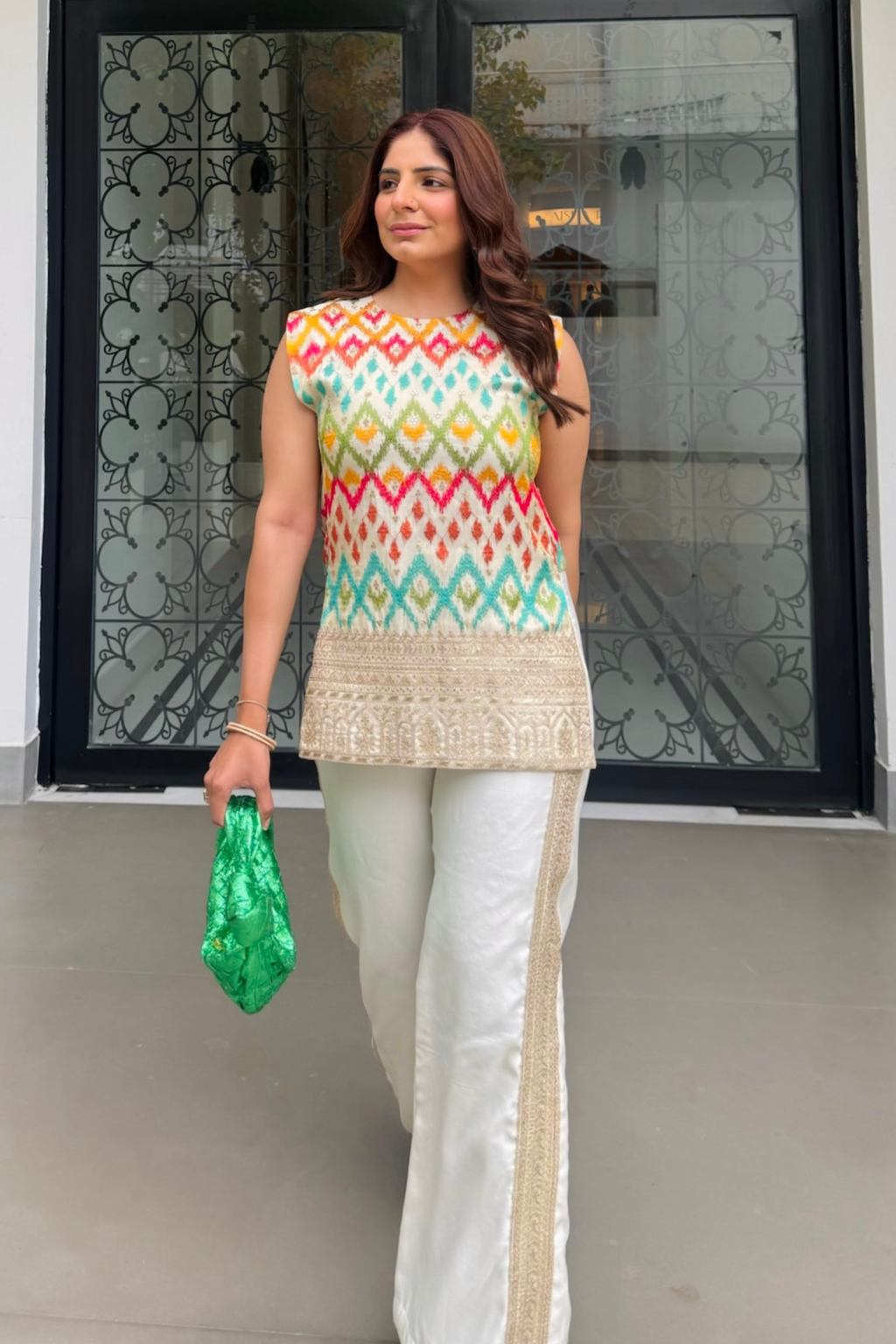 White ikat embroidered set