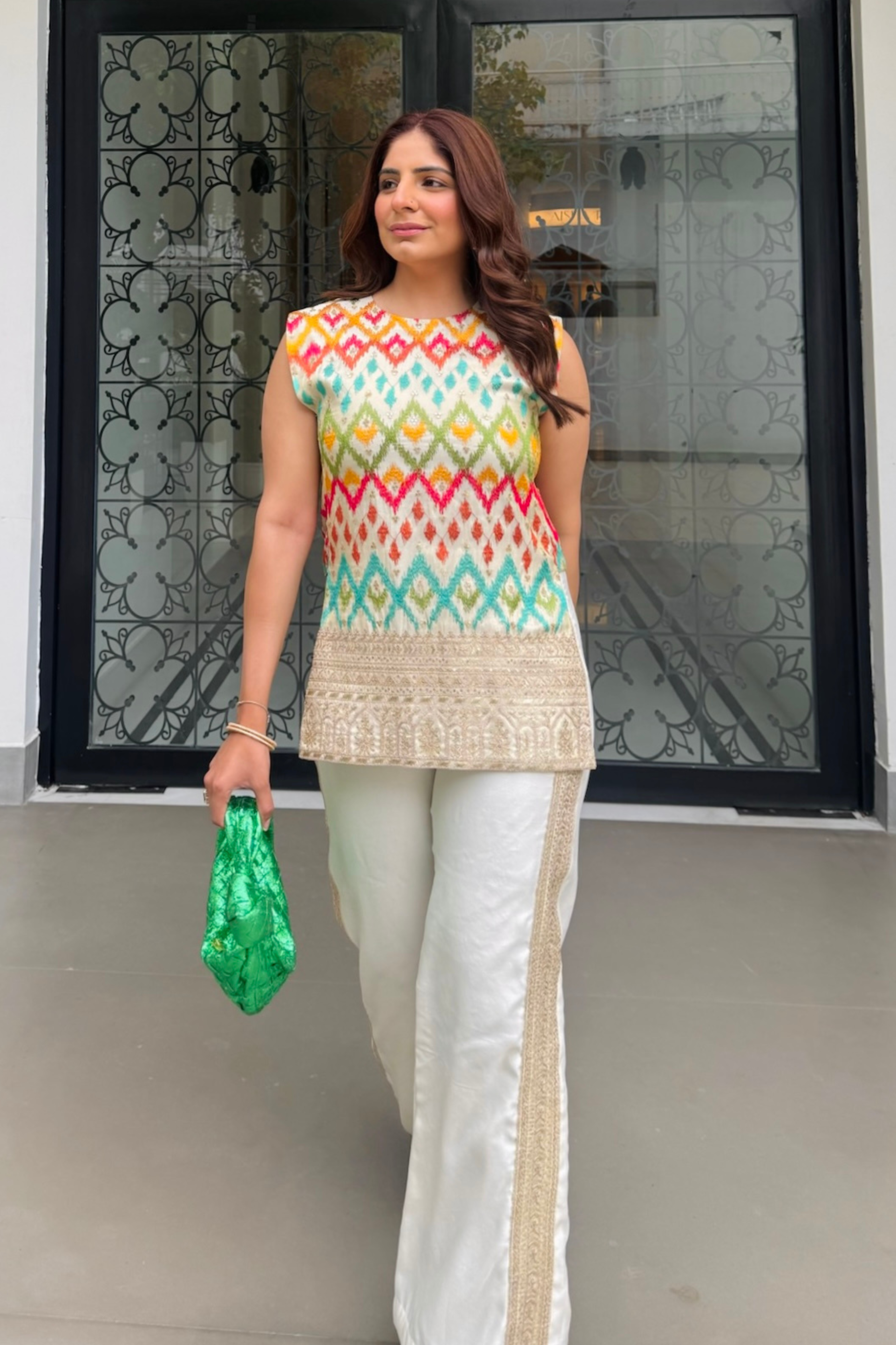 White ikat embroidered set