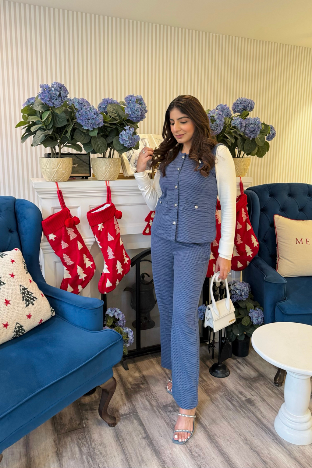 Blue Sleeveless cardigan set