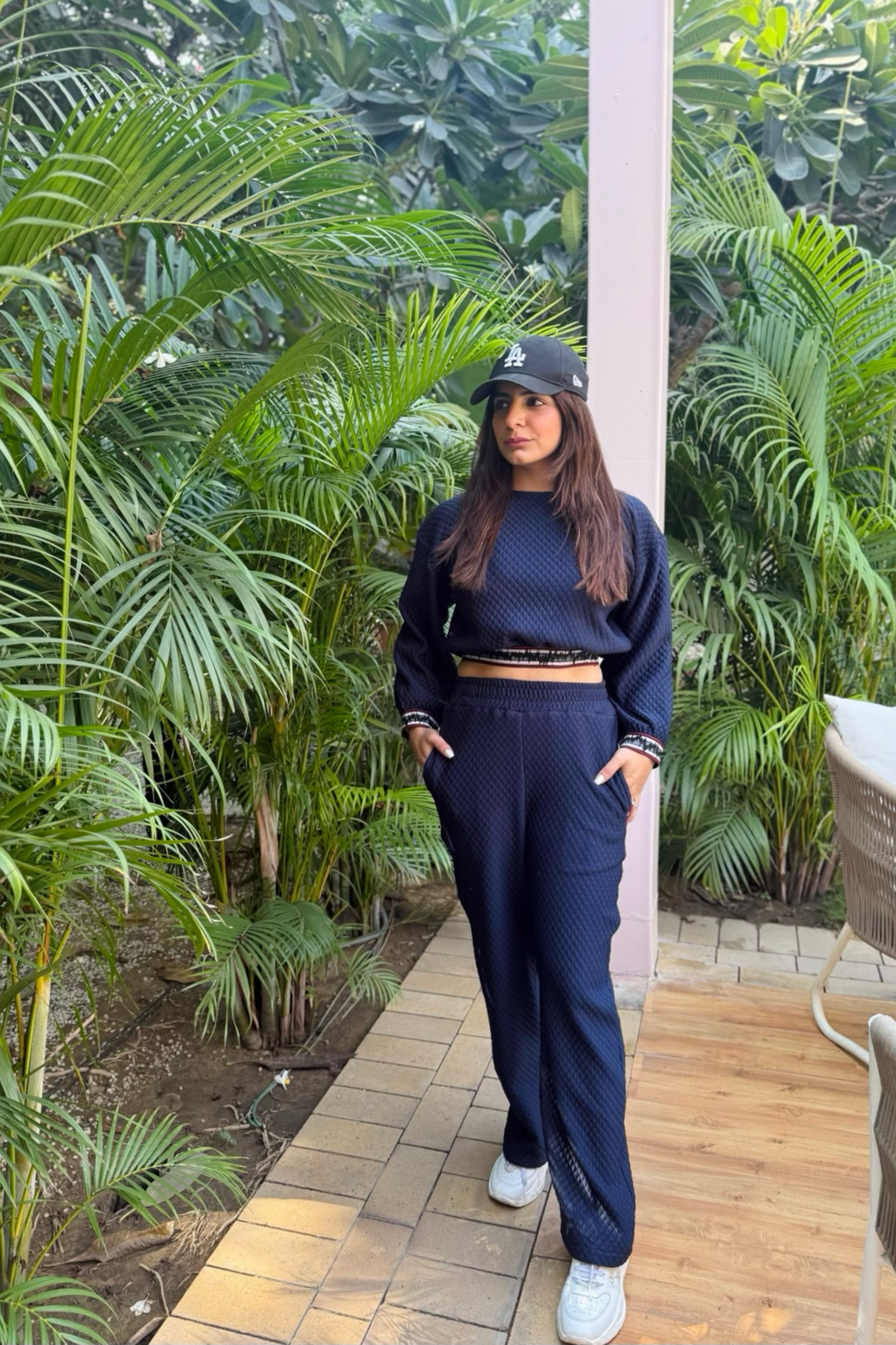 Blue quilted set with an elastic rib detailing