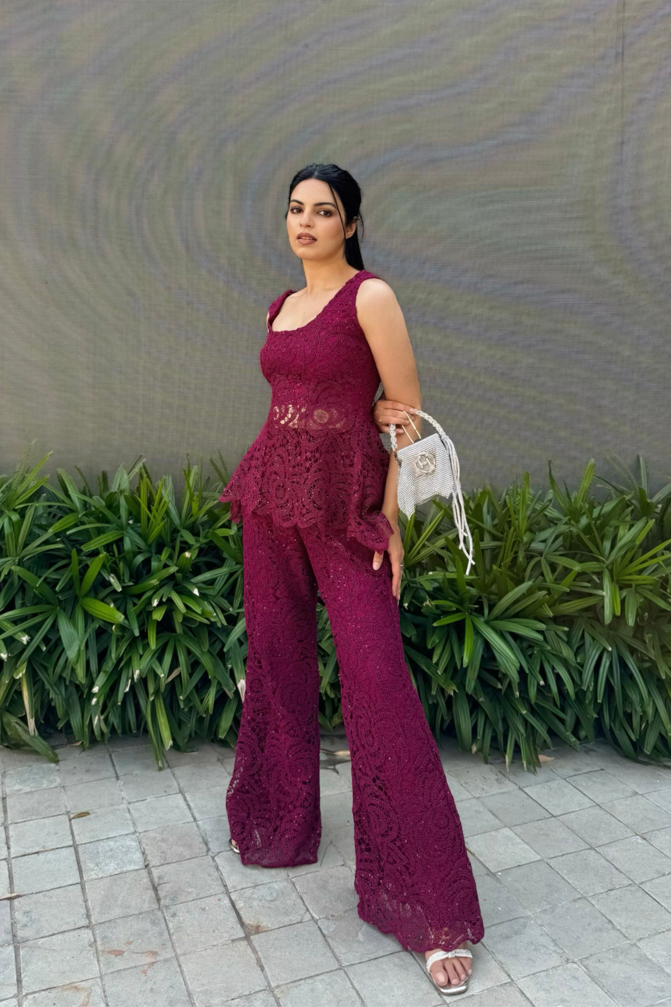 Wine lace peplum set