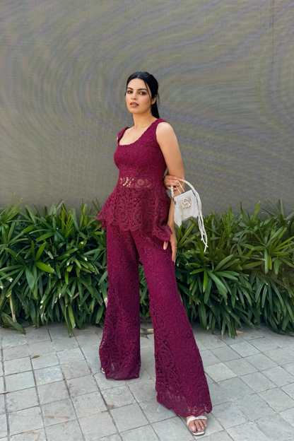 Wine lace peplum set