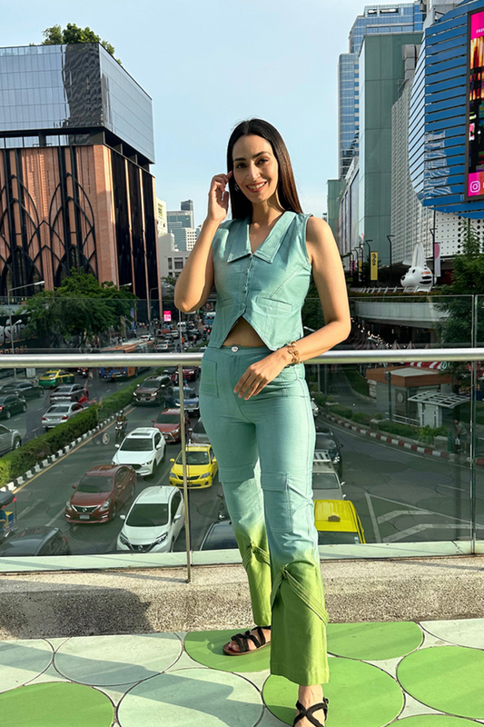 Sonakshi Gandhi in our Blue to green vest set