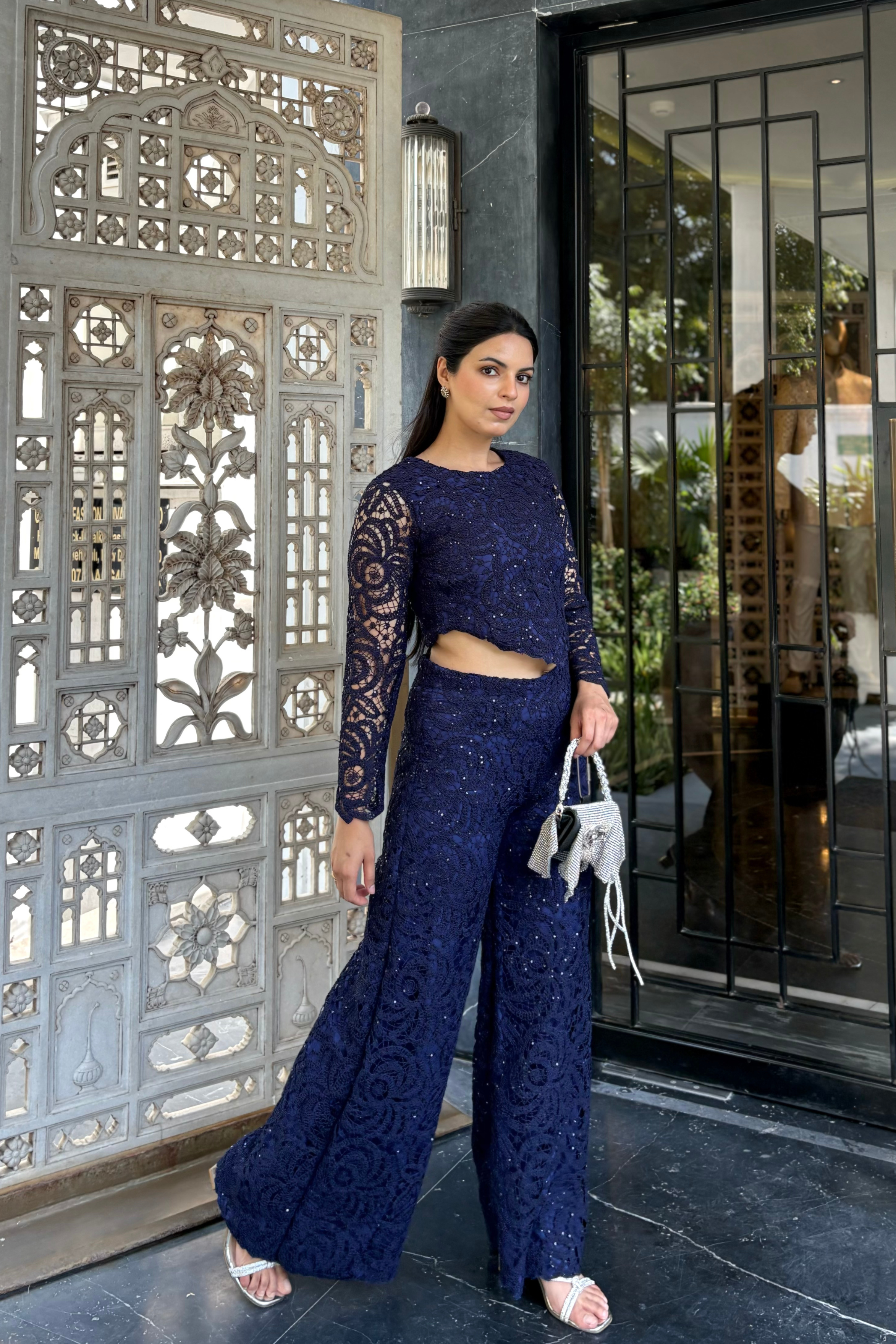 Blue lace full sleeves set