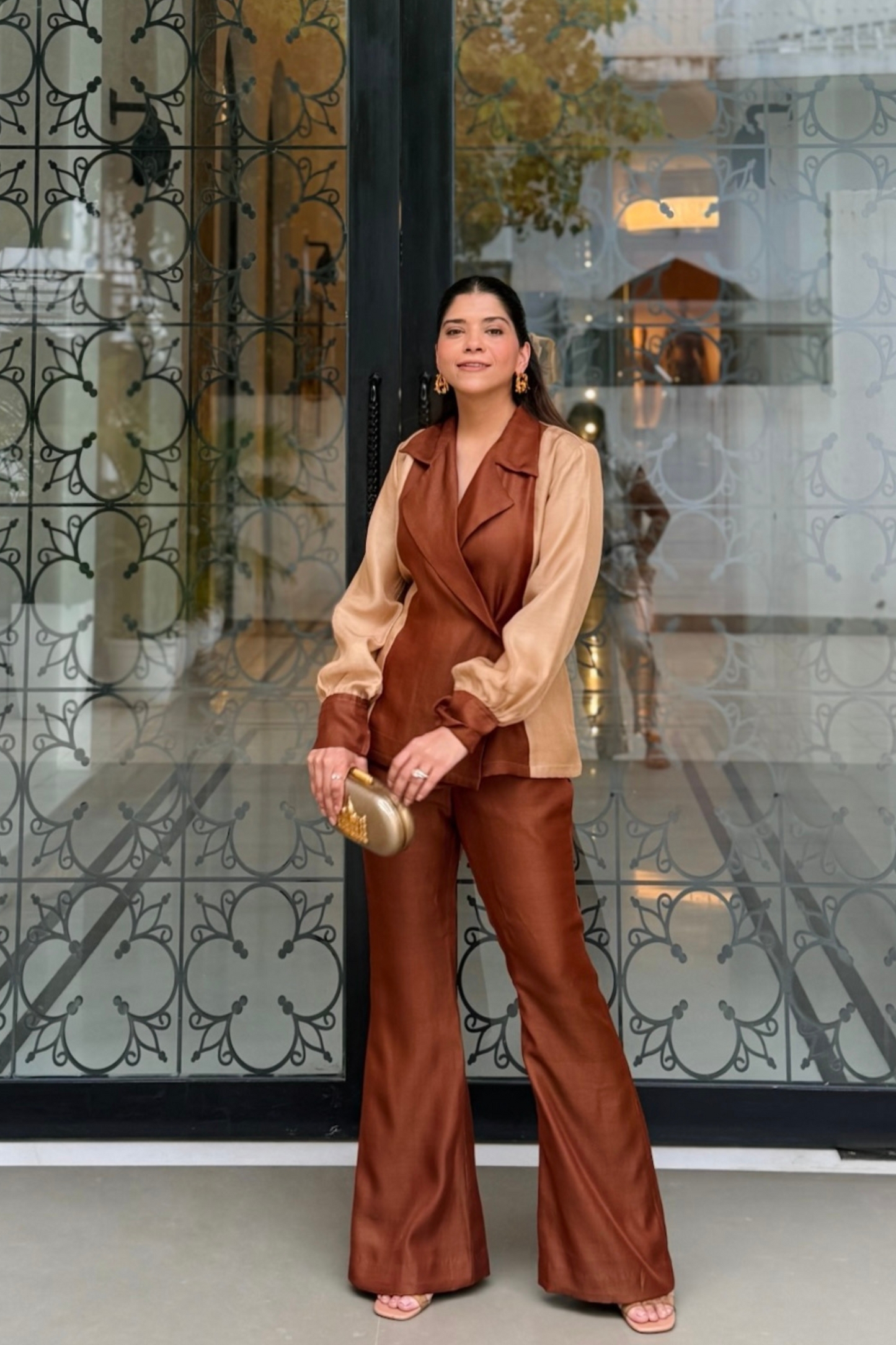 Brown colour block blazer set