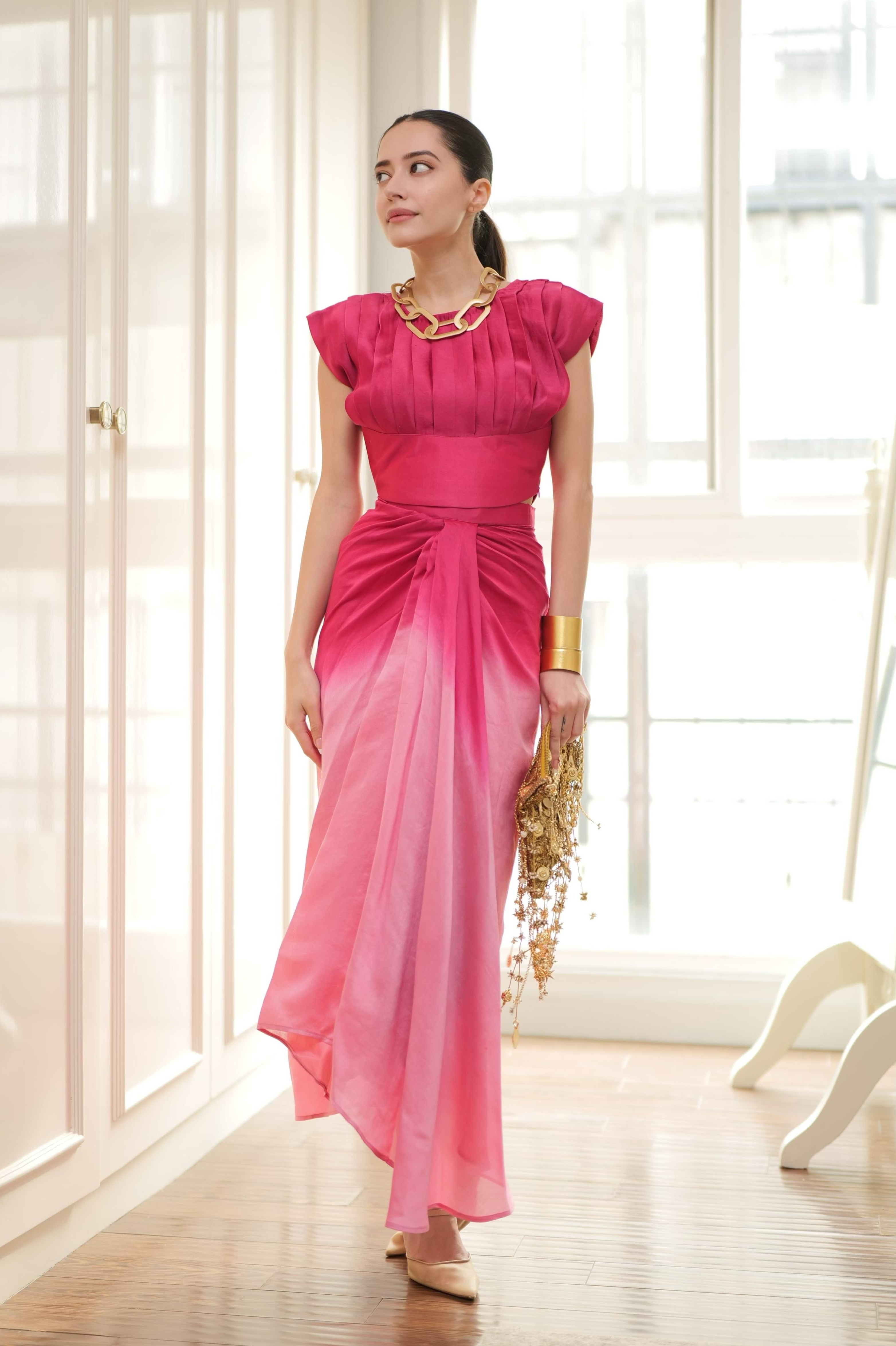 Komal Kapoor in Pink ombré drape skirt set