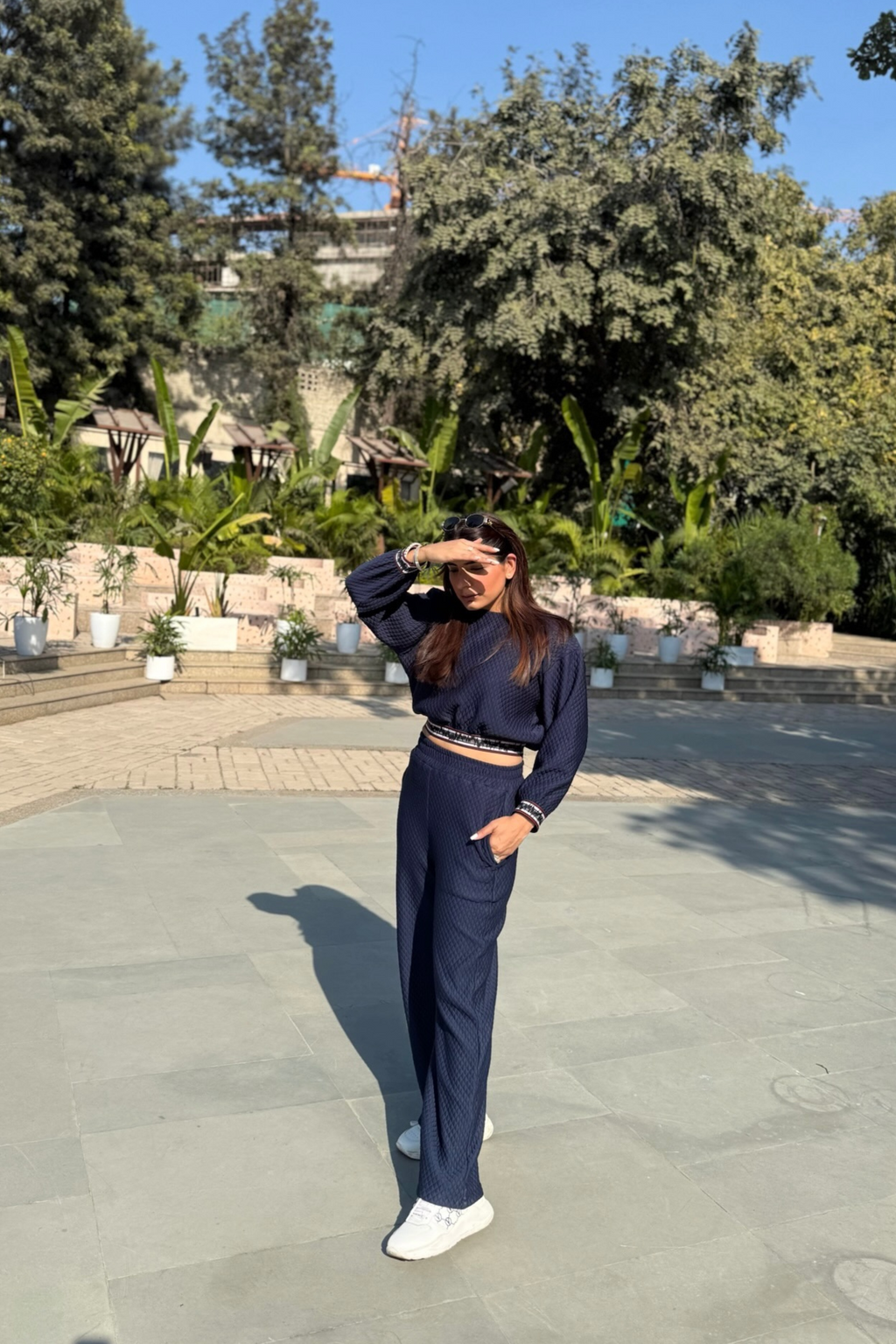 Blue quilted set with an elastic rib detailing