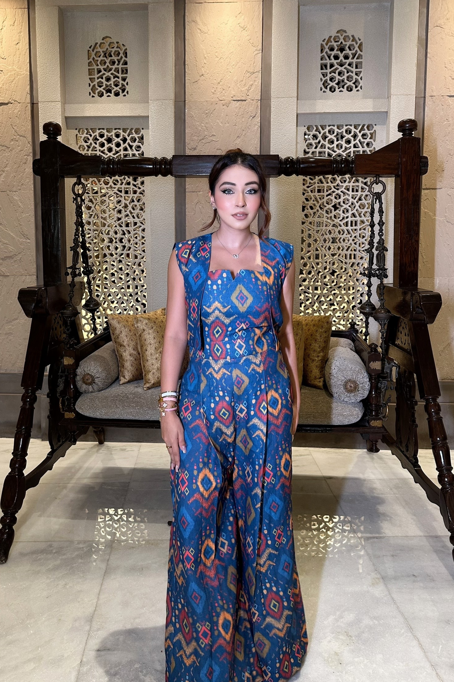 Aashna Vohra in Blue Ikkat Jumpsuit with Jacket