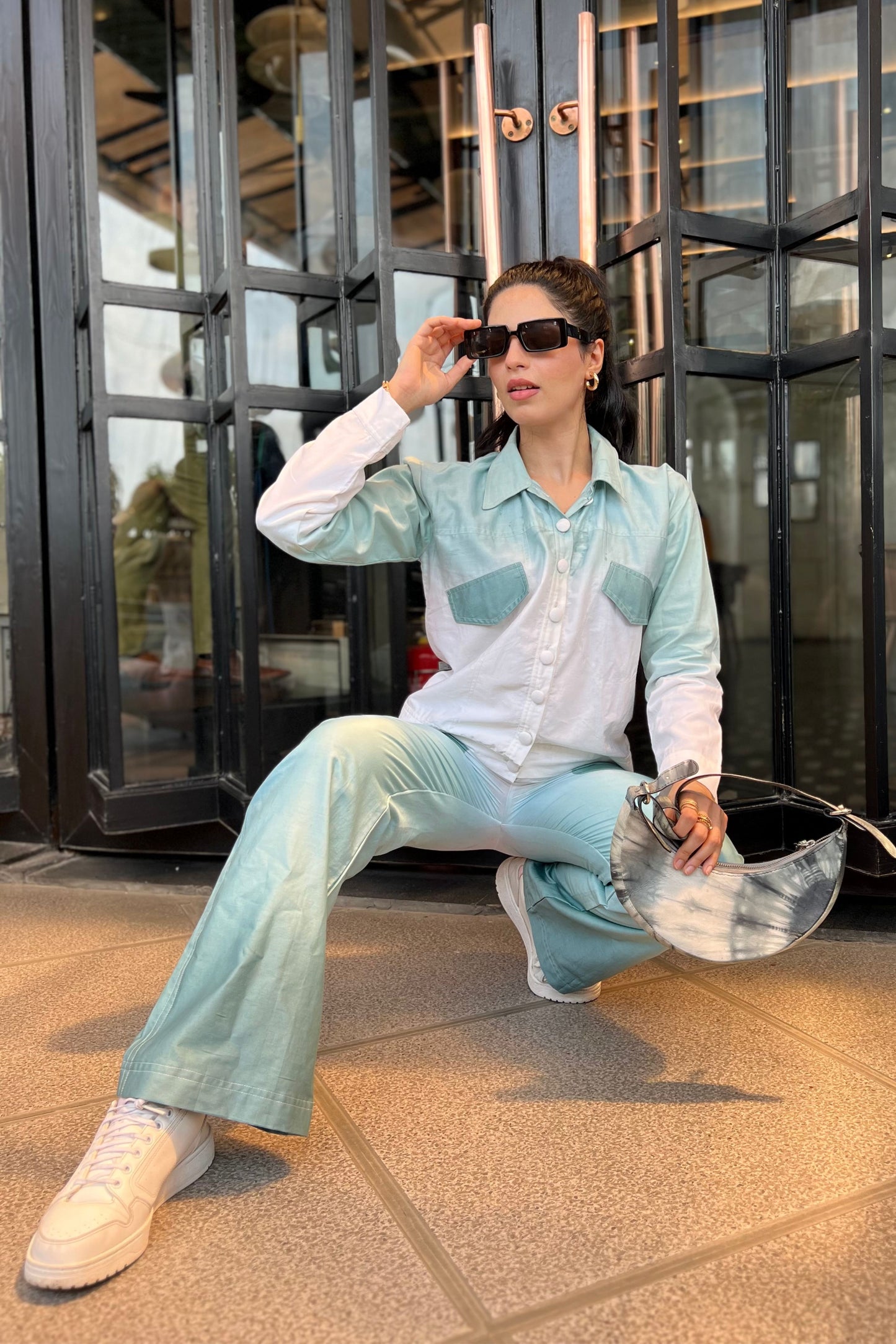 Blue and white shirt and pants set