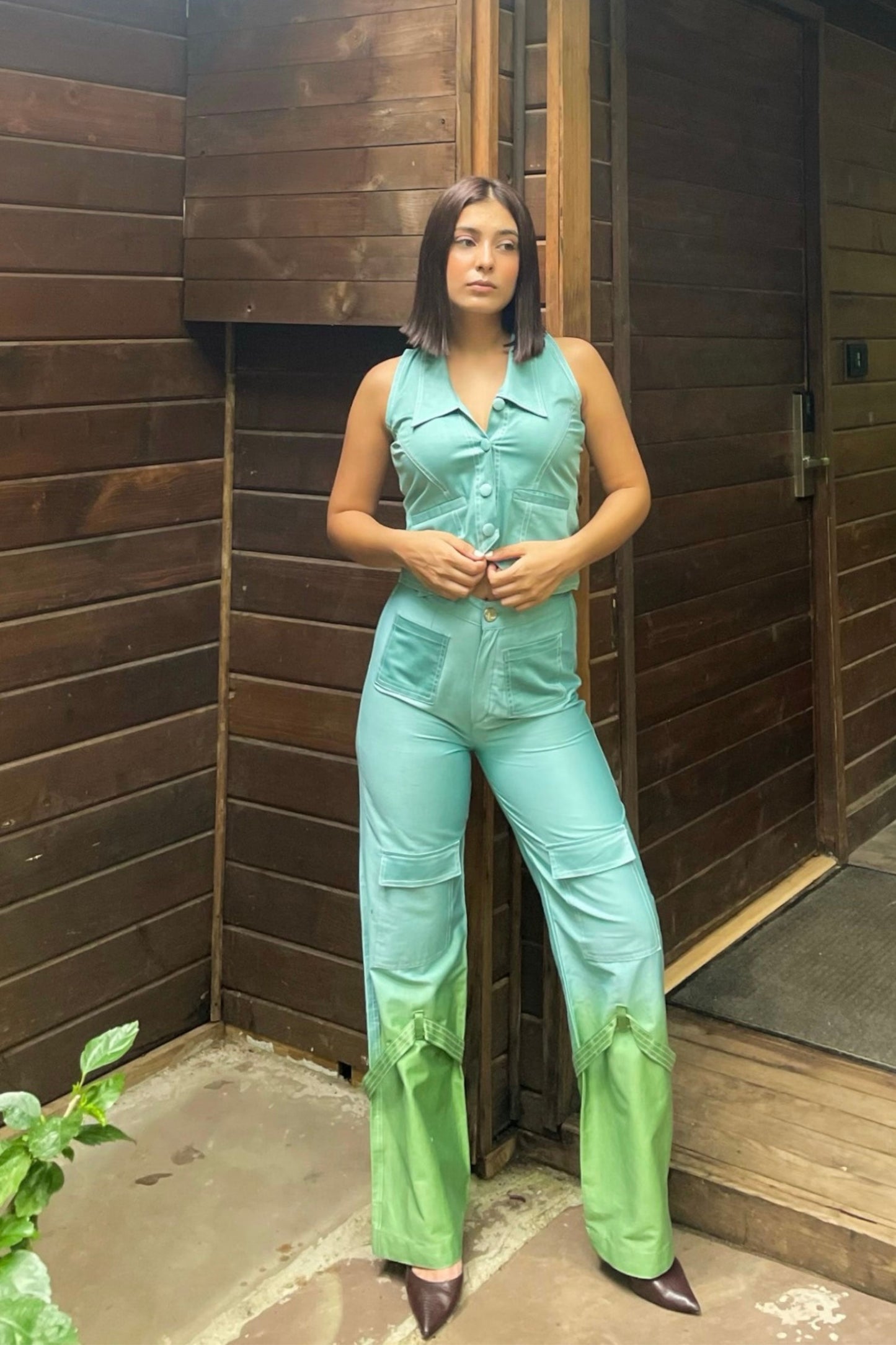 Pallavi Balani in Blue to green vest set