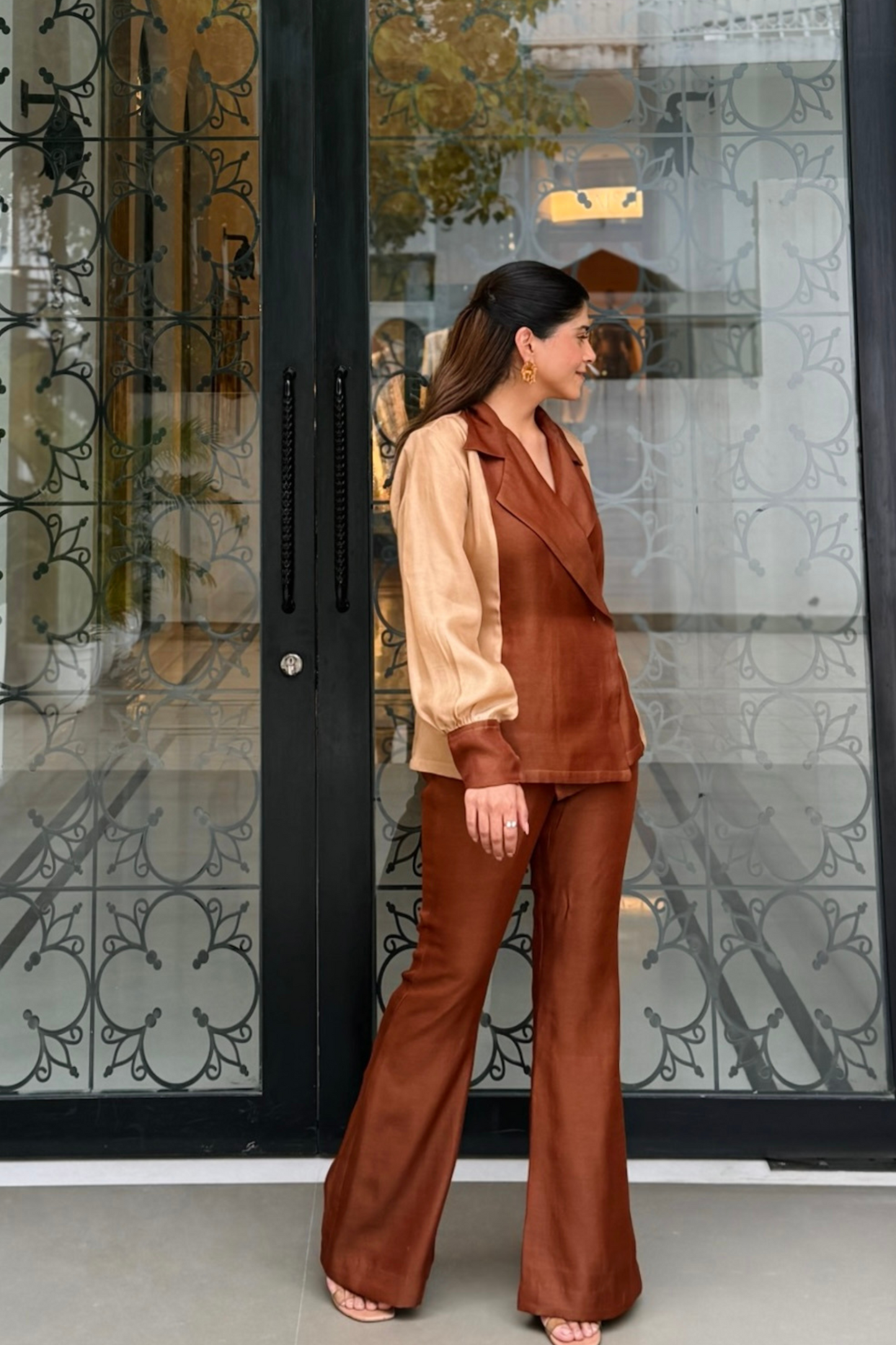 Brown colour block blazer set