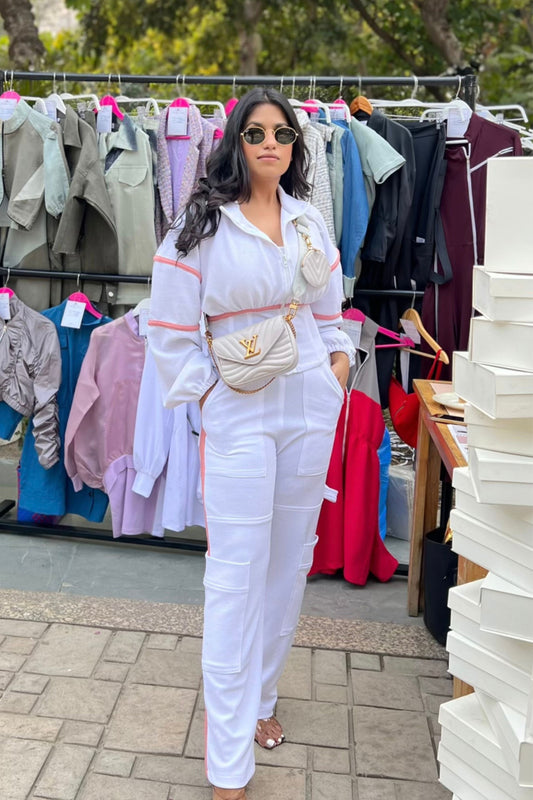 WHITE CORSET JACKET WITH CARGO PANTS