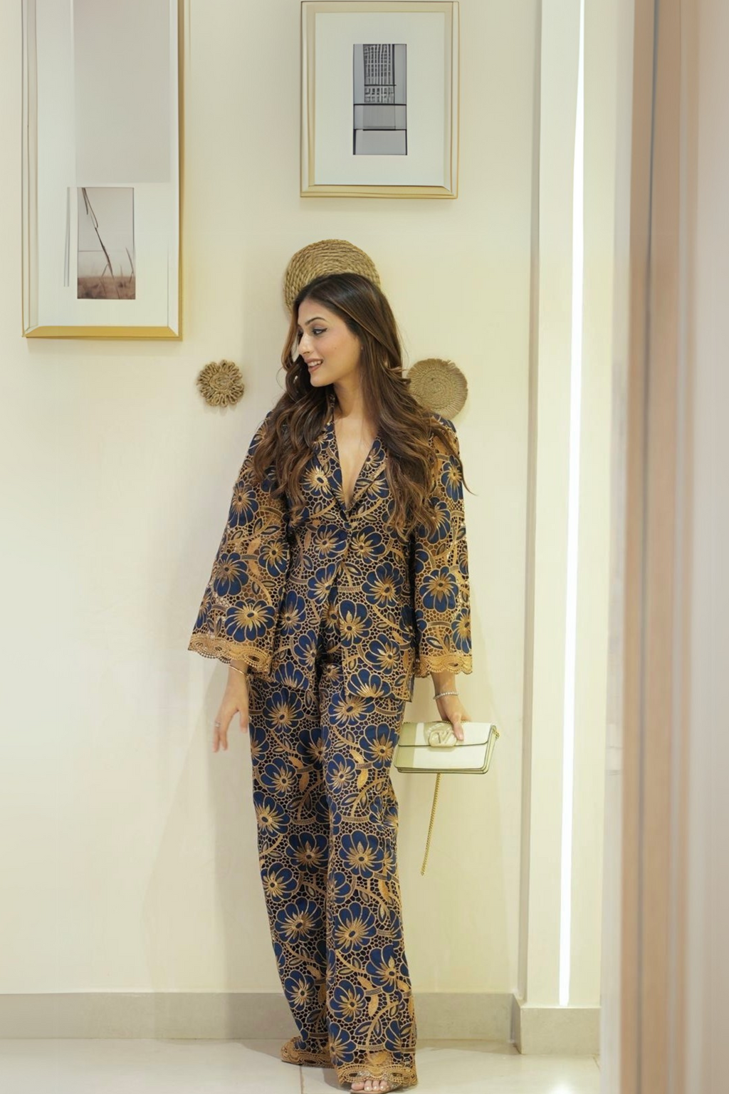 Annie Dhingra in Blue cutwork blazer set
