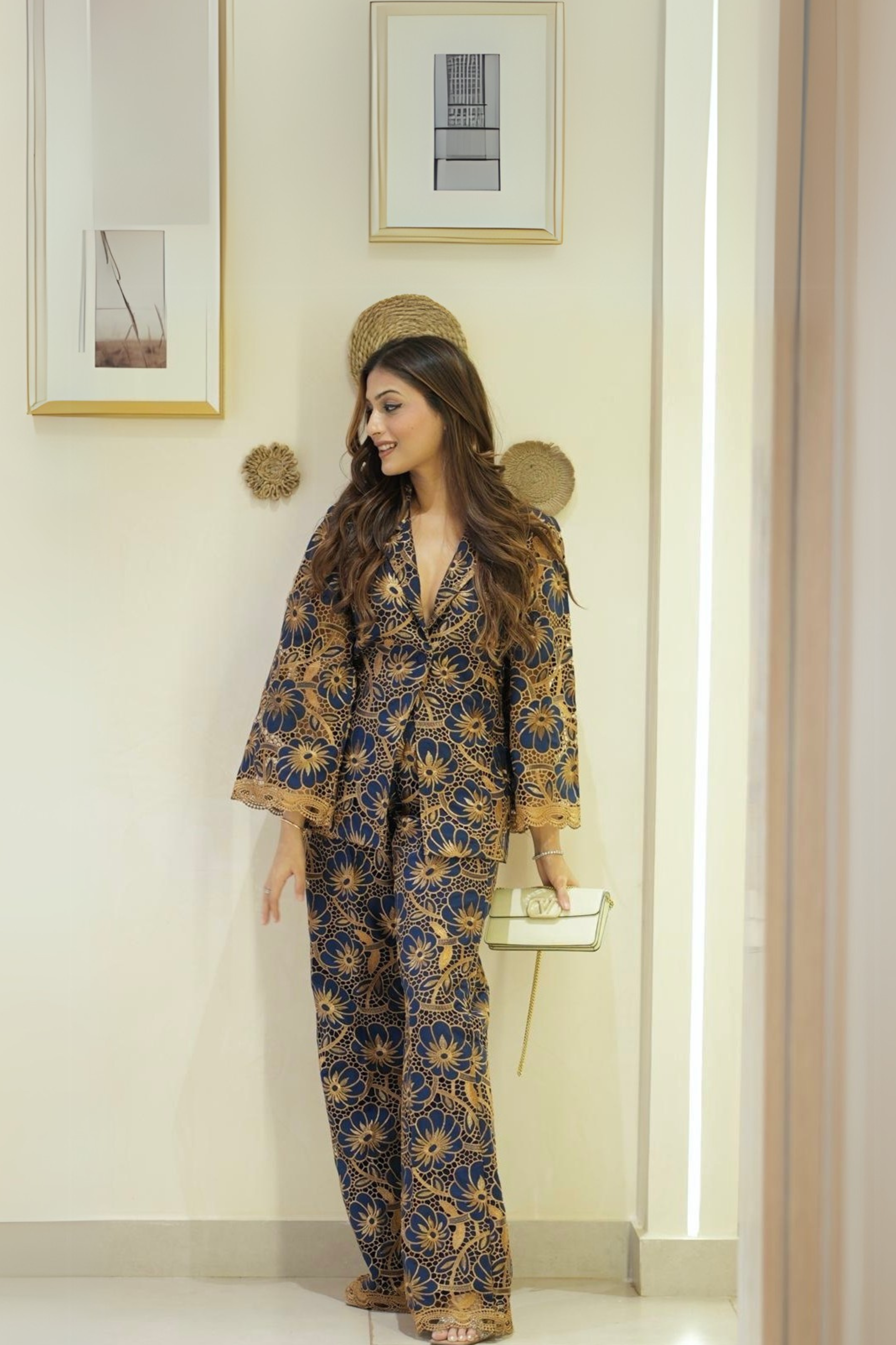 Annie Dhingra in Blue cutwork blazer set