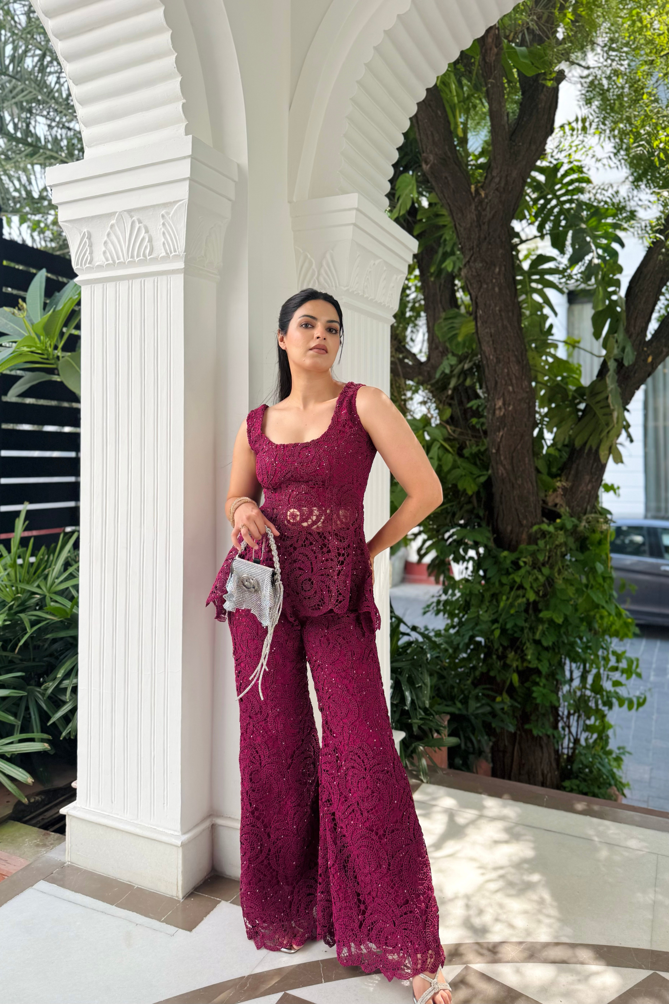 Wine lace peplum set