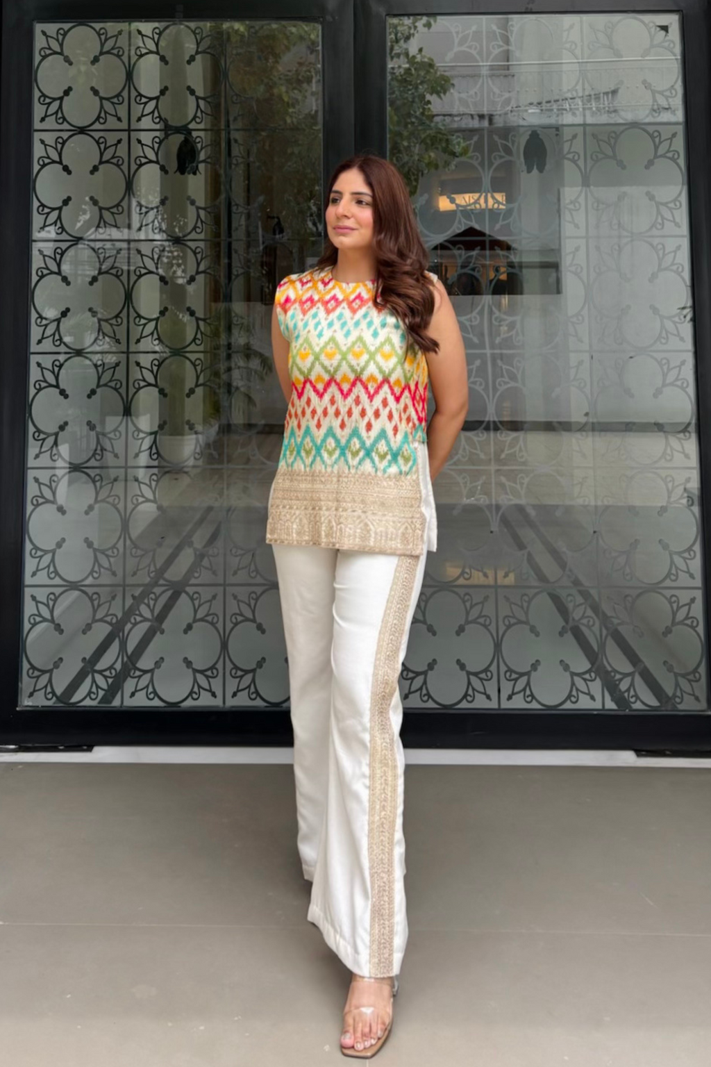 White ikat embroidered set