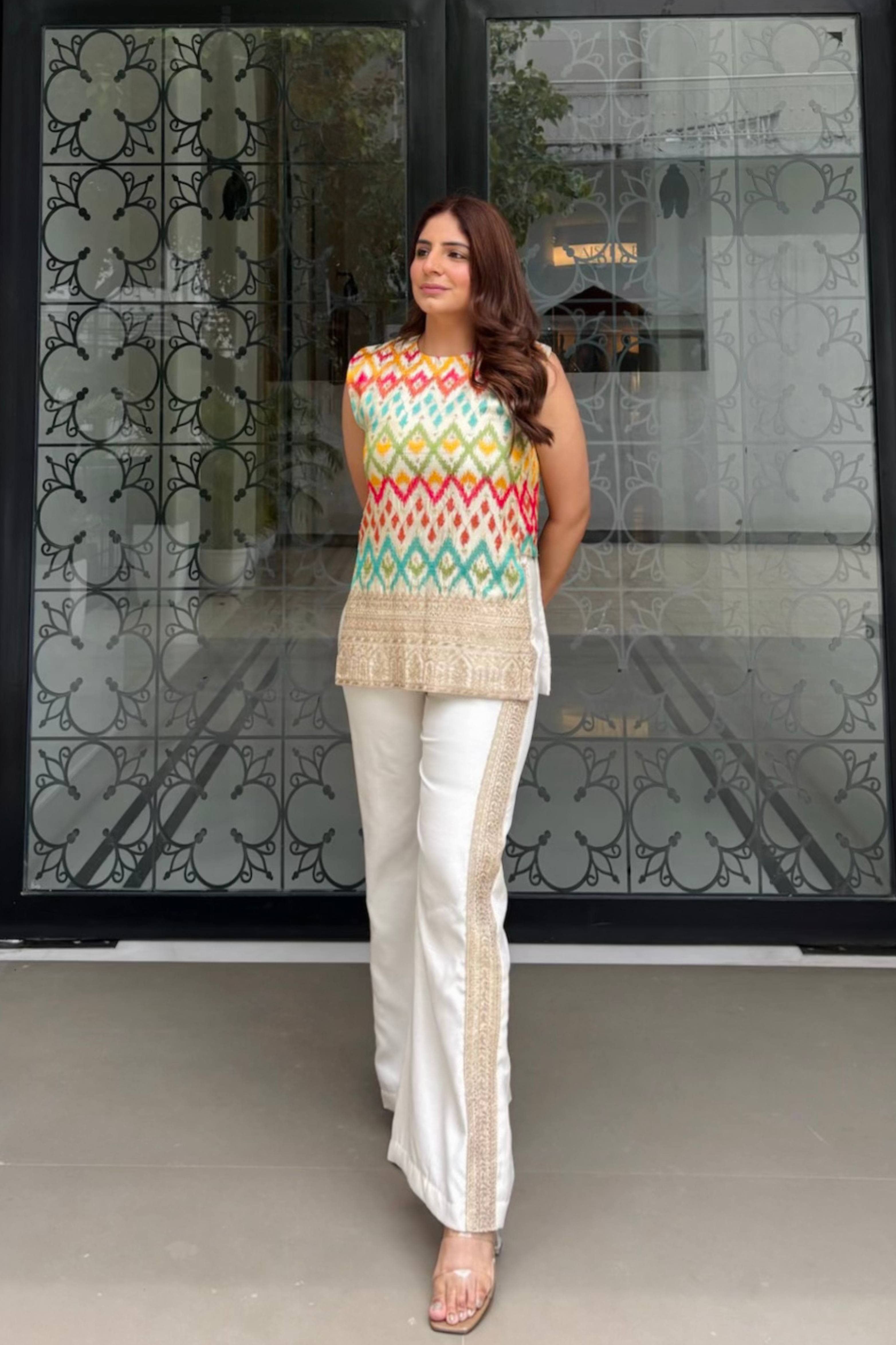 White ikat embroidered set