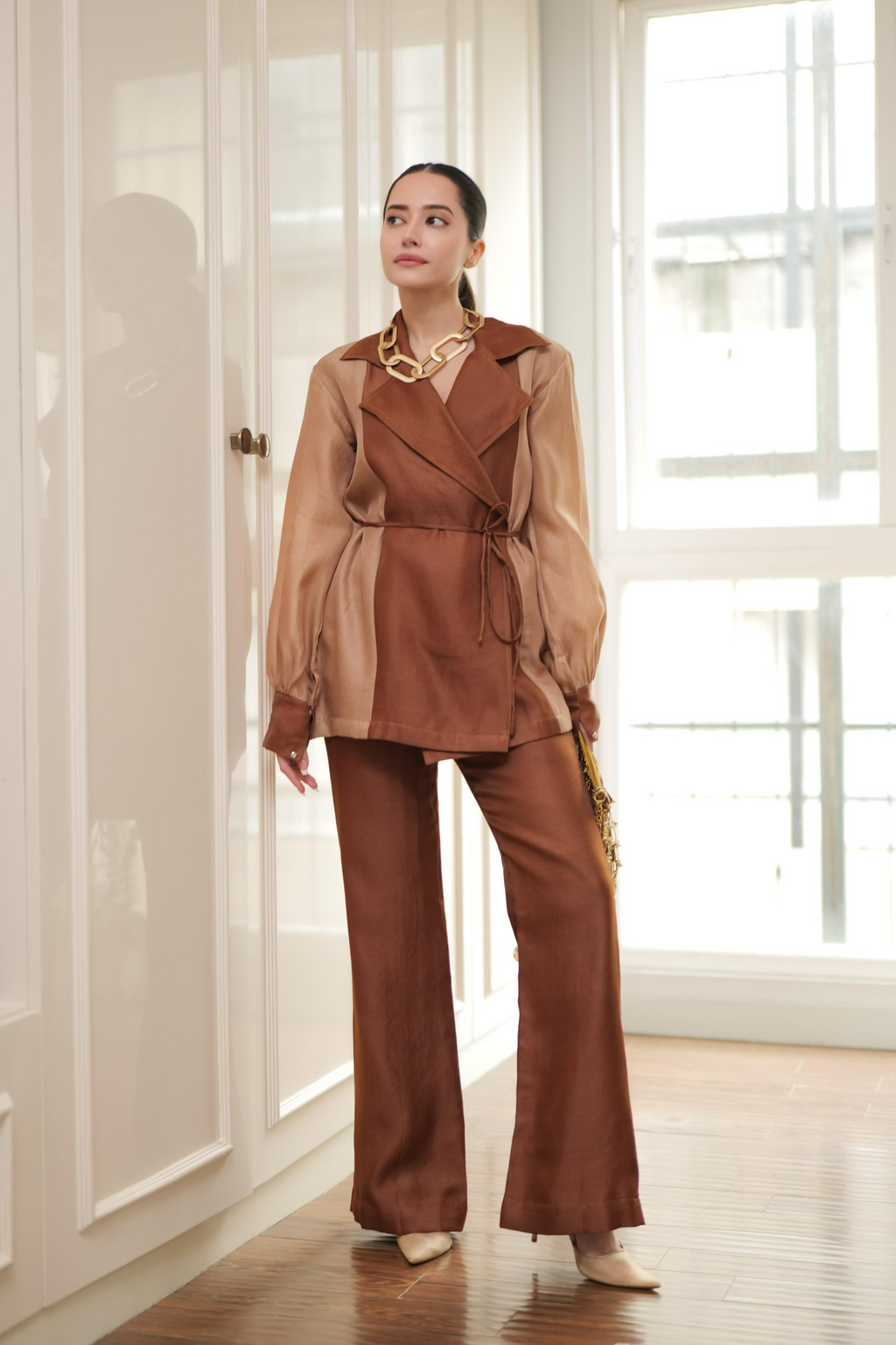 Komal Kapoor in Brown colour block co-ord set