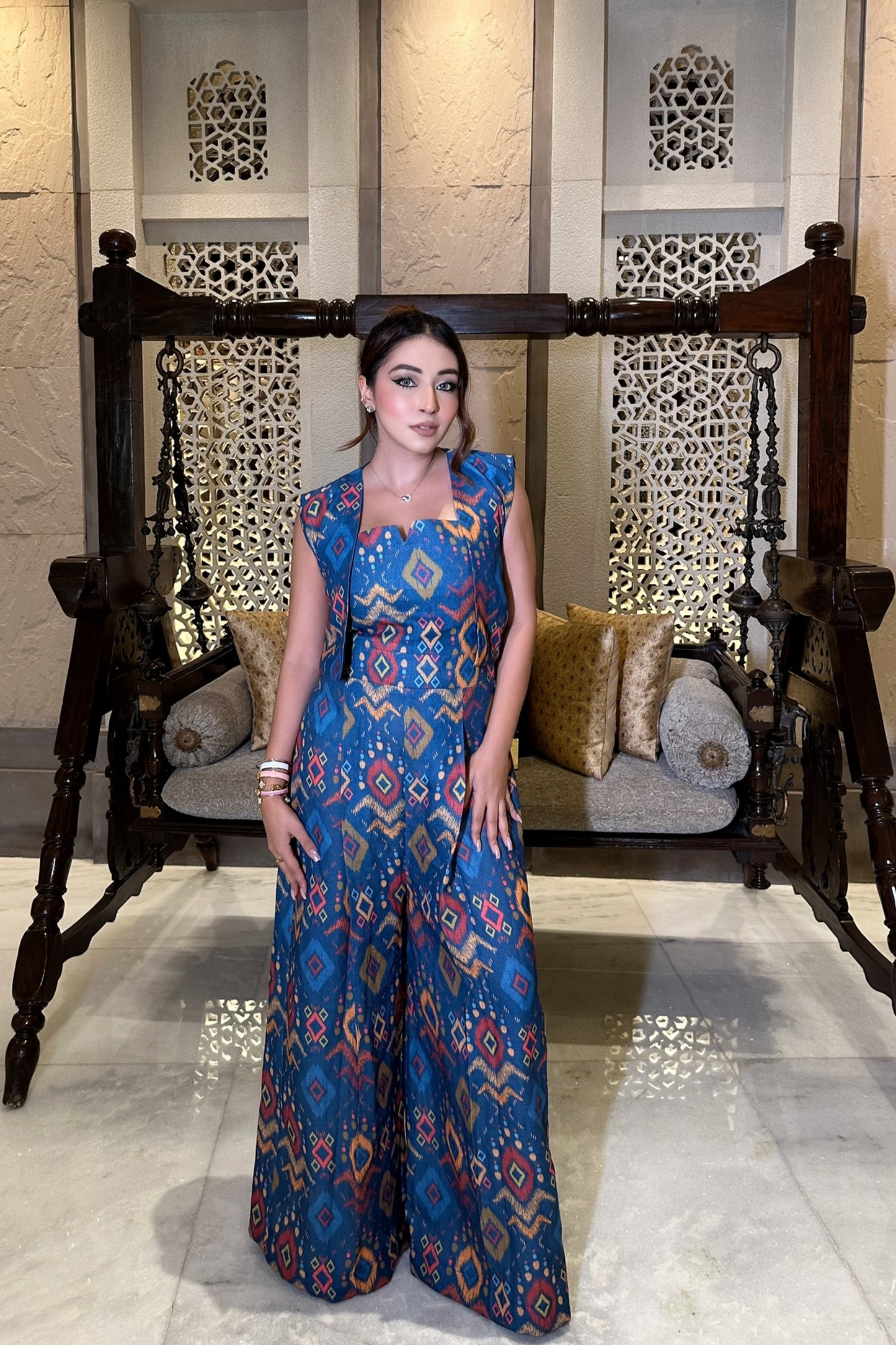 Aashna Vohra in Blue Ikkat Jumpsuit with Jacket