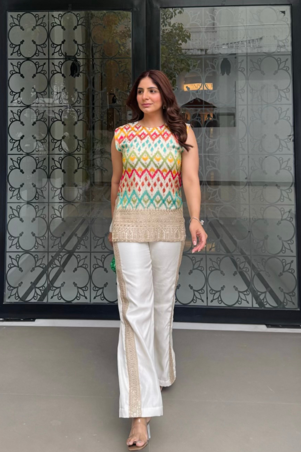 White ikat embroidered set