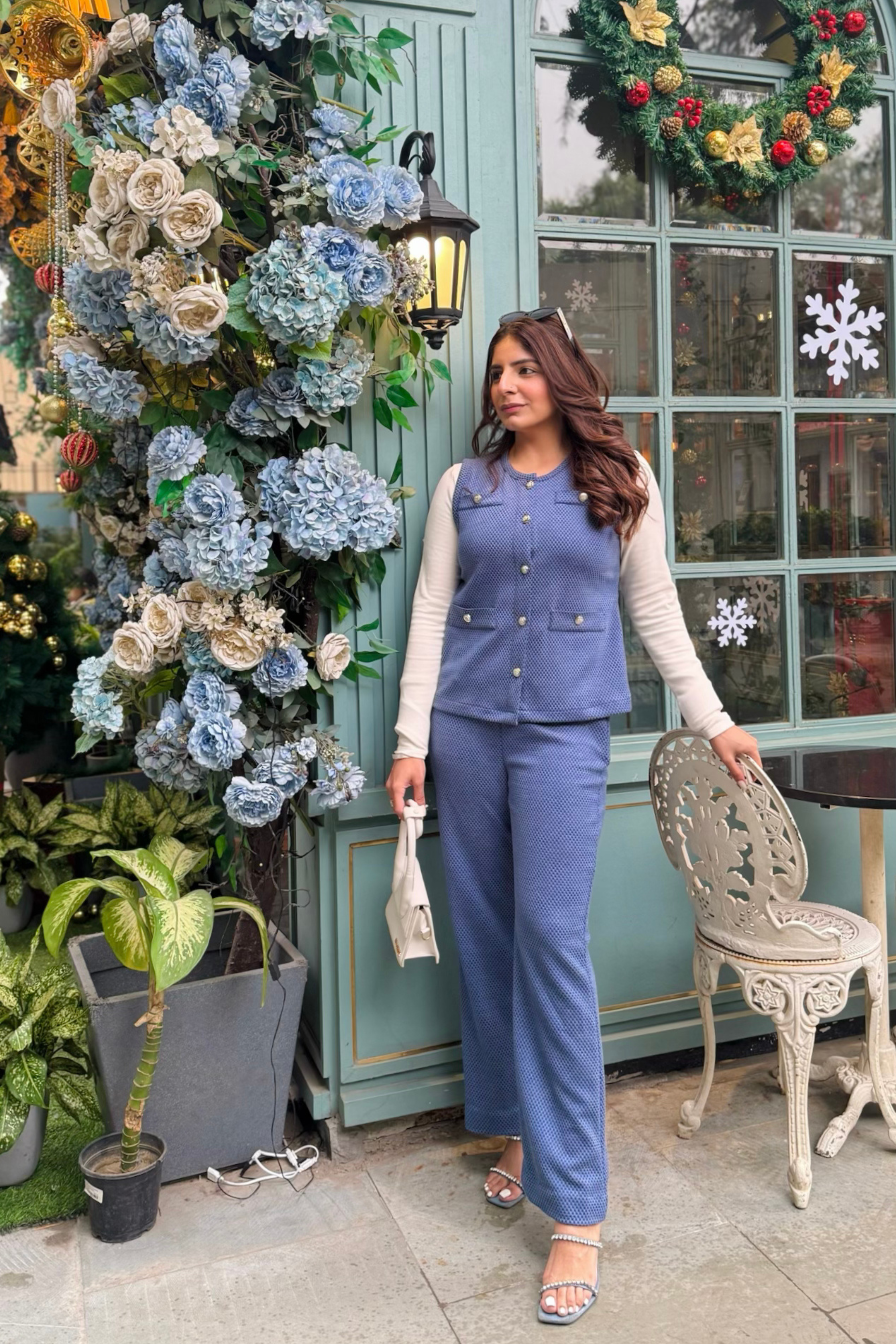 Blue Sleeveless cardigan set