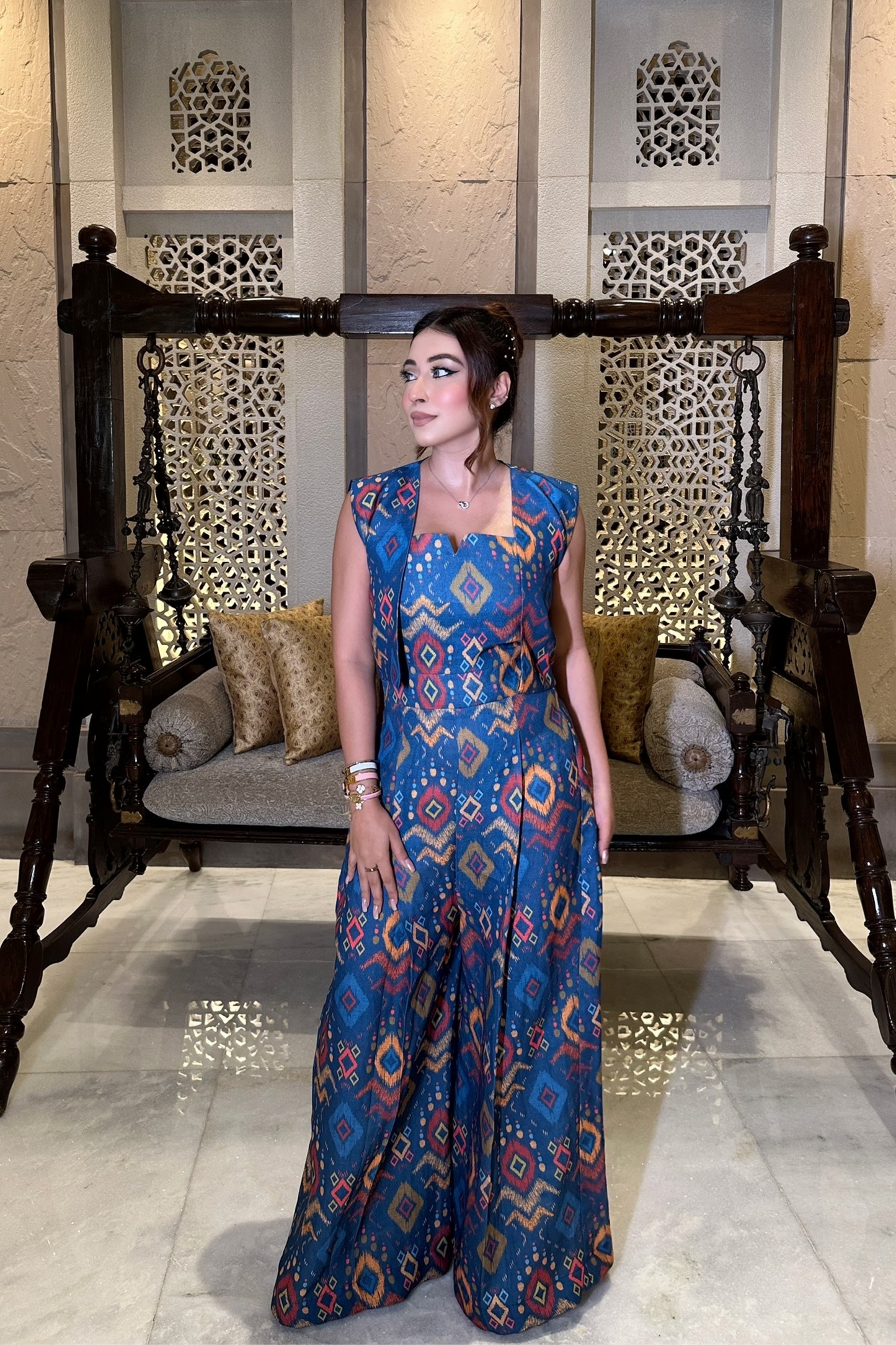 Aashna Vohra in Blue Ikkat Jumpsuit with Jacket