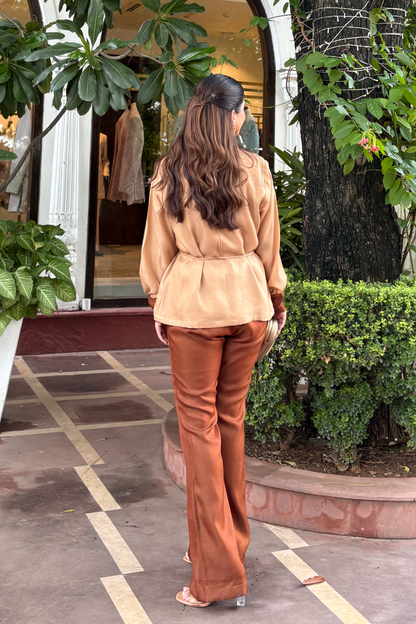 Brown colour block blazer set