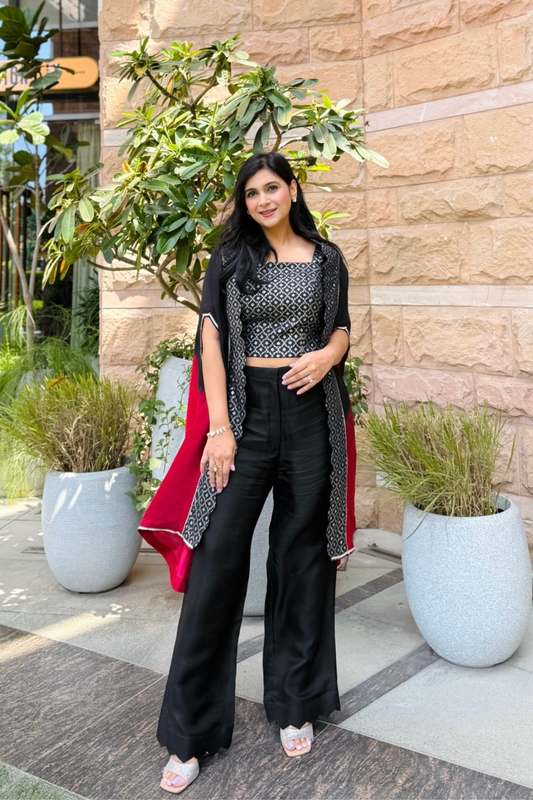 Black silk and Banarasi cape set