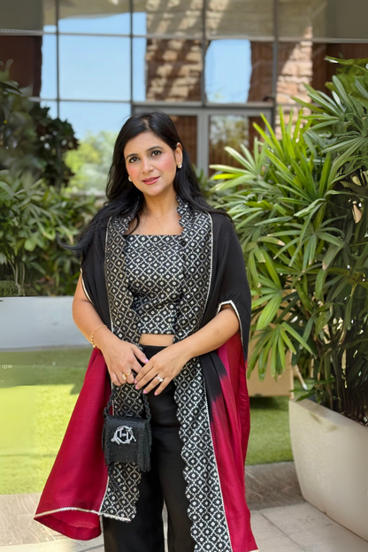 Black silk and Banarasi cape set