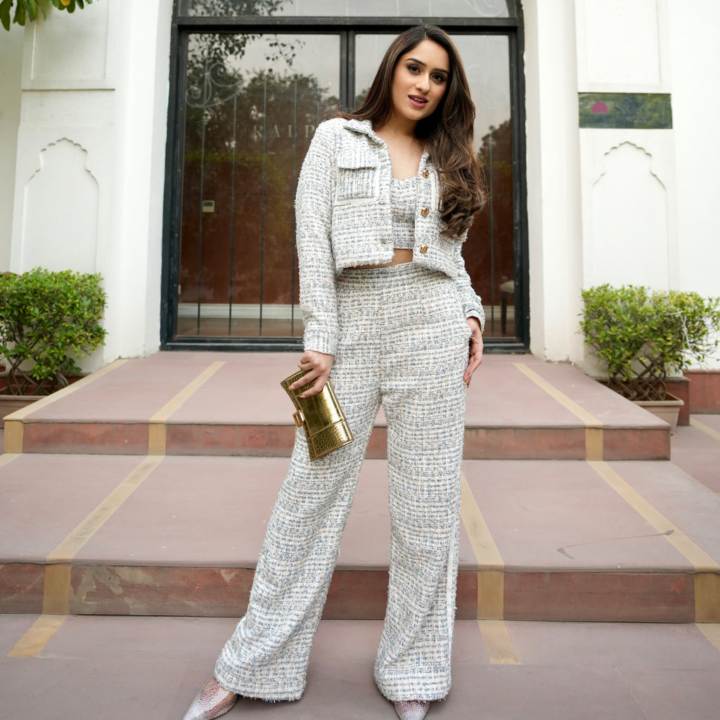 White and Blue Tweed Blazer Jacket