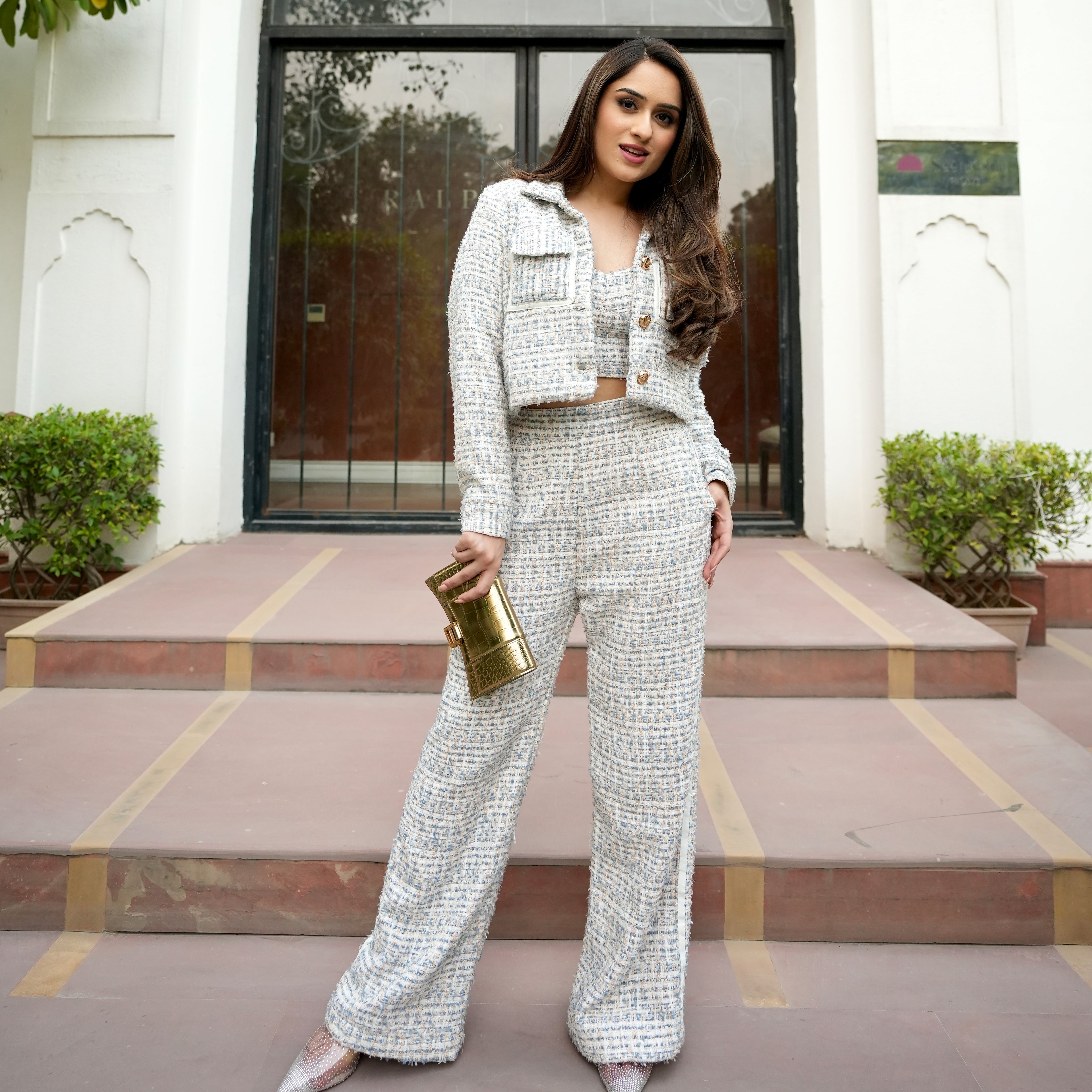 White and Blue Tweed Blazer Jacket