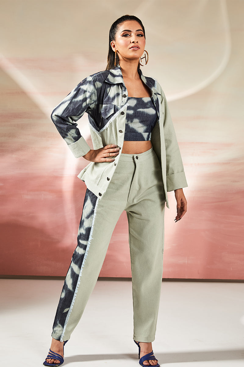 Cream with printed denim patchwork Pants Set