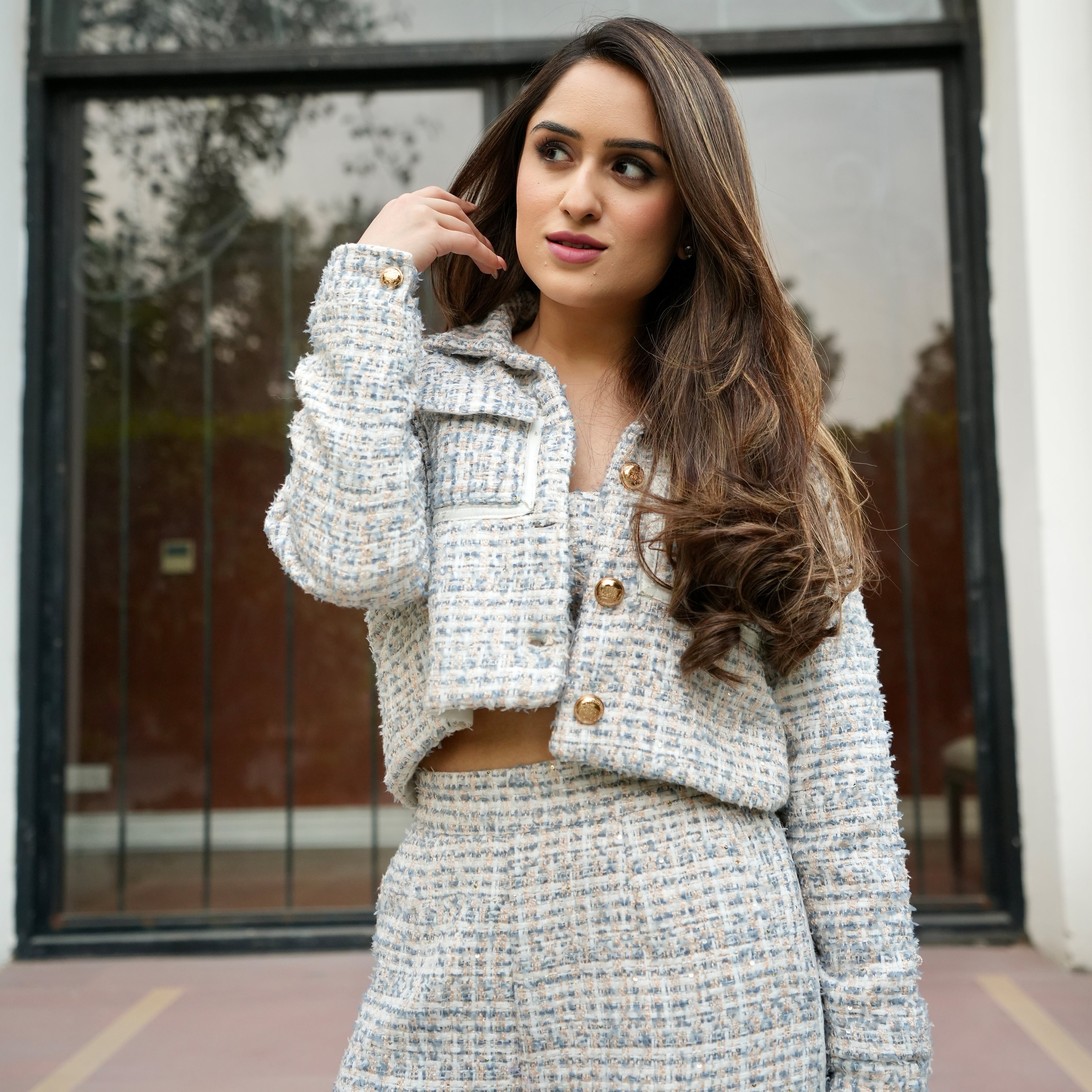 White and Blue Tweed Blazer Jacket