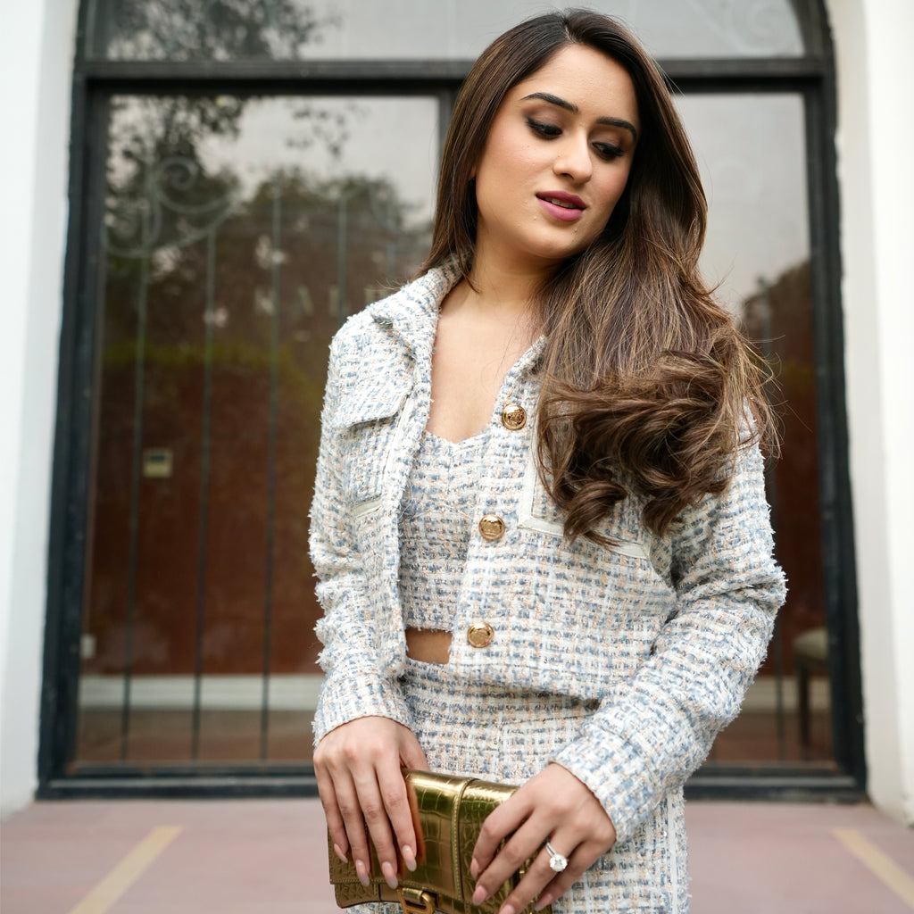 White and Blue Tweed Blazer Jacket