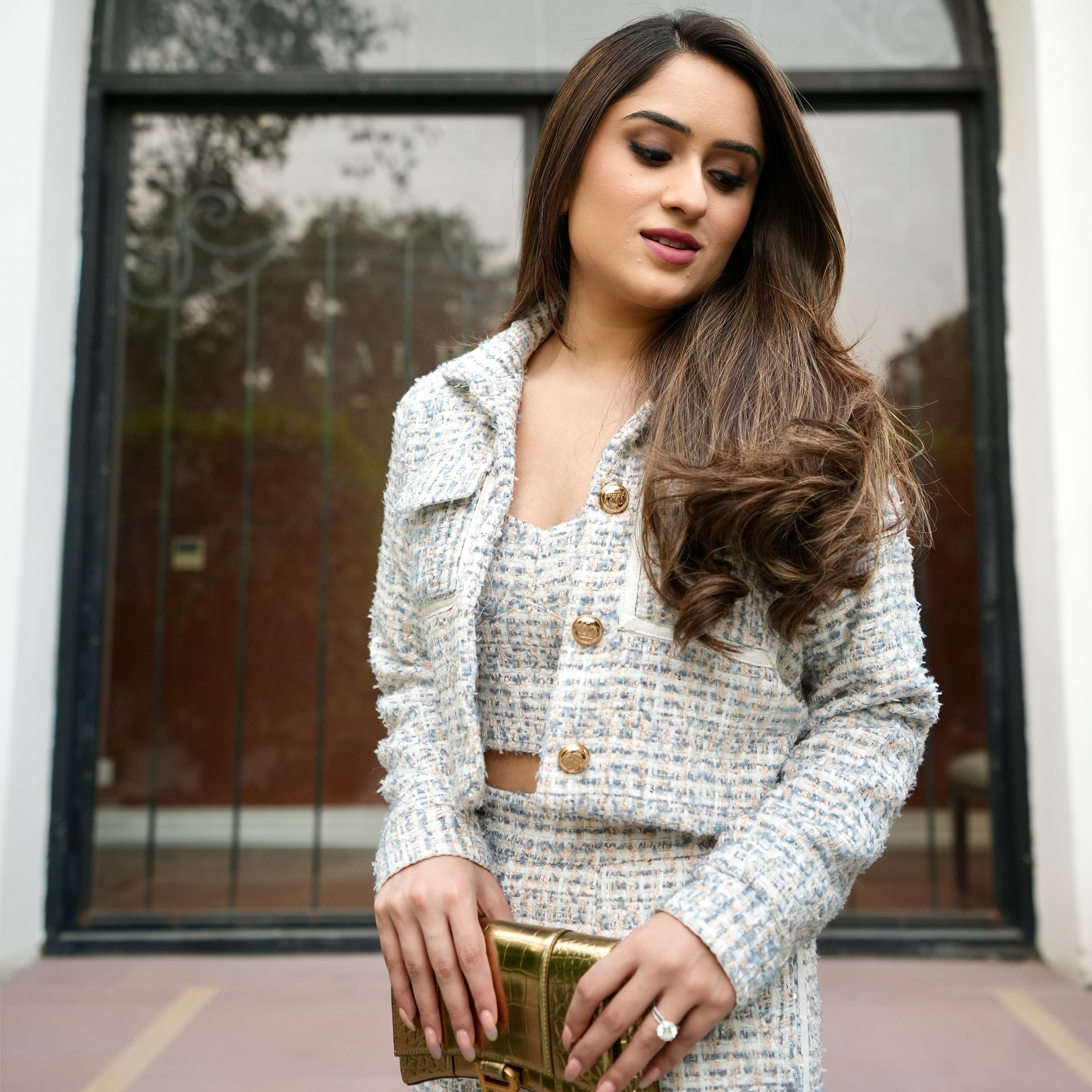 White and Blue Tweed Blazer Jacket