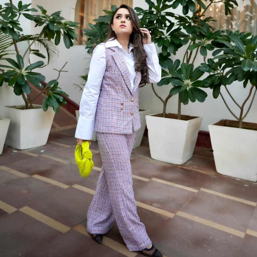 Lavender Sleeveless jacket with Flared Pants