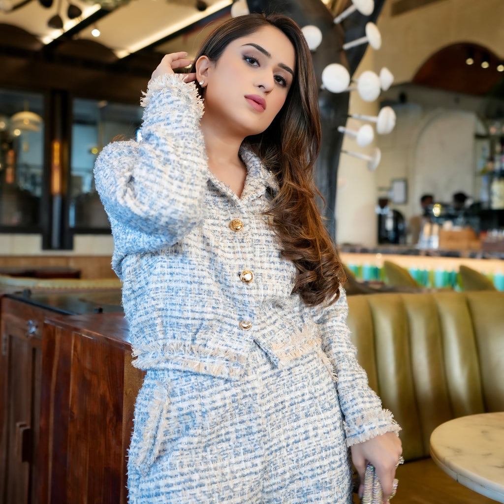 White and Blue Tweed bomber jacket